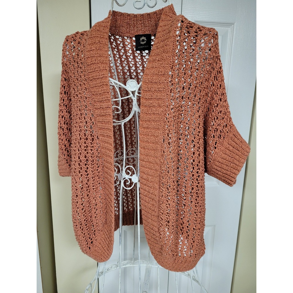 Open Knit Salmon Coquette Crochet Cardigan Dolman Sleeve Amber Sun Size M
